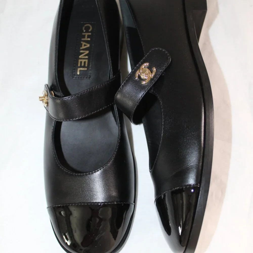 CHANEL Black Leather Mary Jane Flats with Gold CC Accent - Picture 7 of 16
